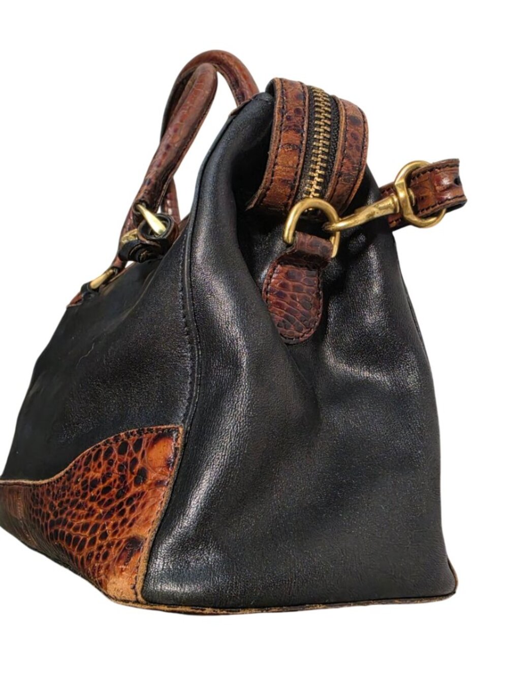 Vintage Brahmin 1992 Black Leather Brown Croc Embossed Satchel Crossbody Bag - Picture 3 of 12